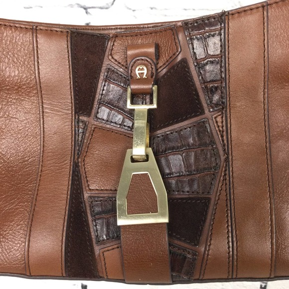 Etienne Aigner Brown Genuine Leather Color Block Zippered Small Shoulder Bag - Picture 11 of 12